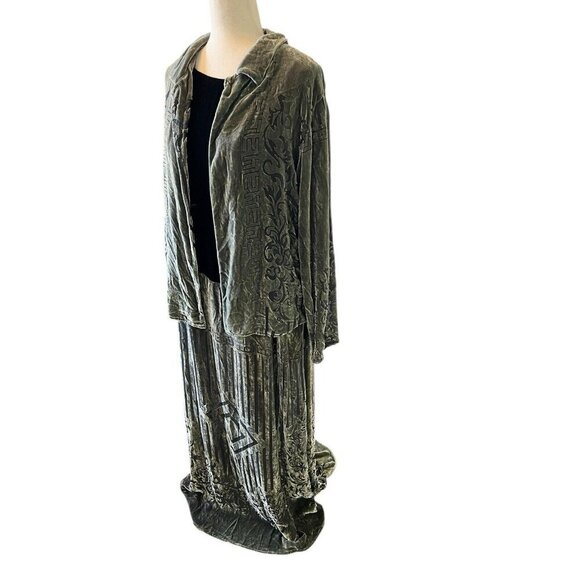 Citron Santa Monica Green Burnout Velvet Dress Topper Jacket Set Geometric Silk - Picture 4 of 16